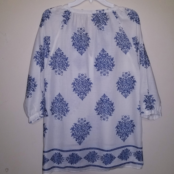 Entro Linen Blend White Blue Floral Boho Tunic Top Small - Picture 8 of 13
